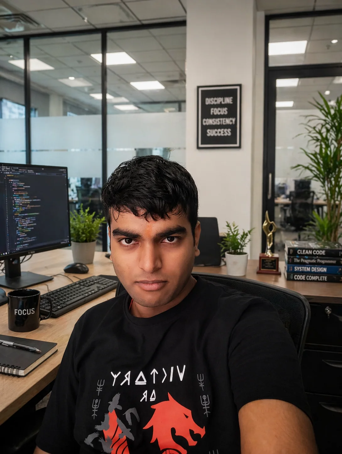 Piyush Sharma at his desk, code on screen